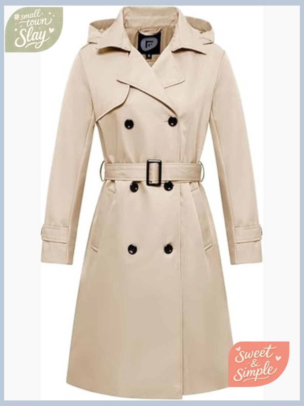 Waterproof Long Double Breasted Trench Coat With Detachable Hood